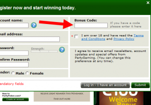 Hier fügt man den Party Poker Bonuscode ein. Hier fügt man den Party Poker Bonuscode ein.